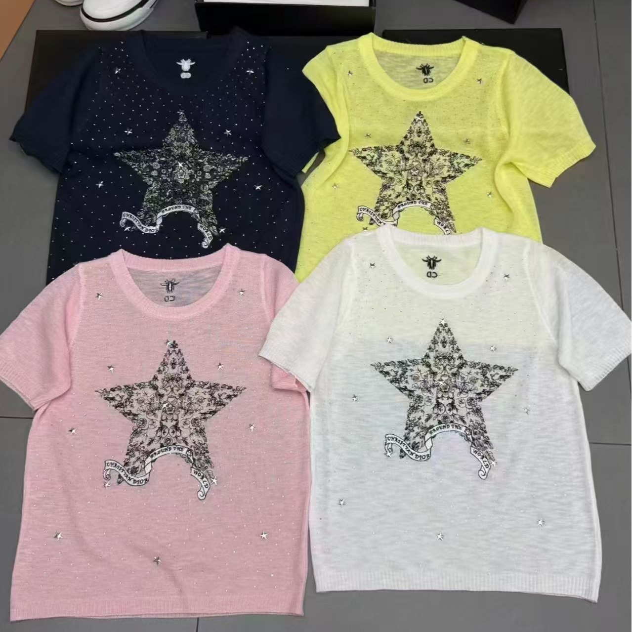 韓版法式通勤重工刺繡亮片短袖T恤女夏季設計感氣質毛針織衫上衣