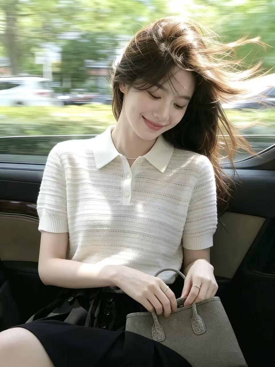 韓系休閑鏤空學院風polo領短袖針織衫女夏季新款翻領設計感上衣潮