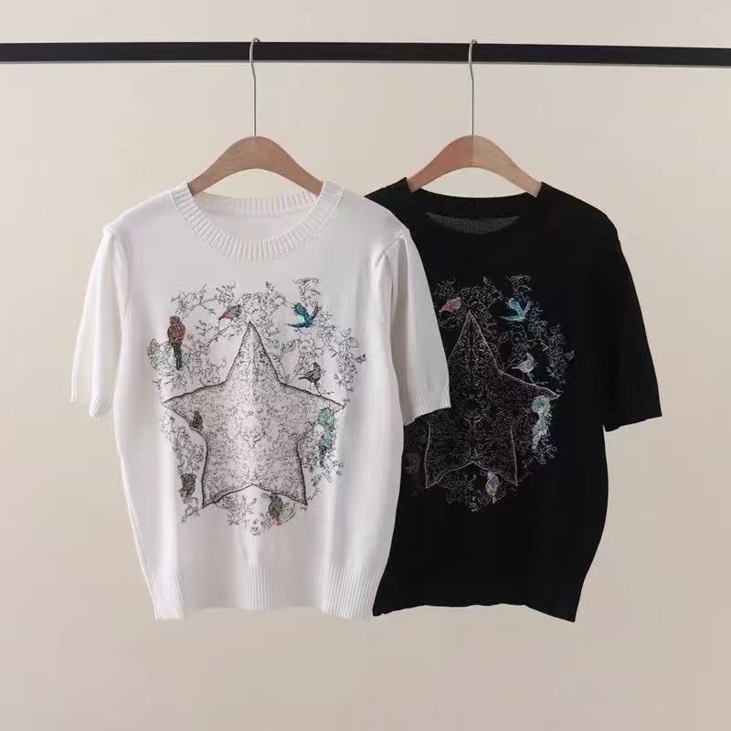 鐘菲菲韓系氛圍感早秋穿搭2026新款毛衣女短袖泡泡袖刺繡上衣羊毛