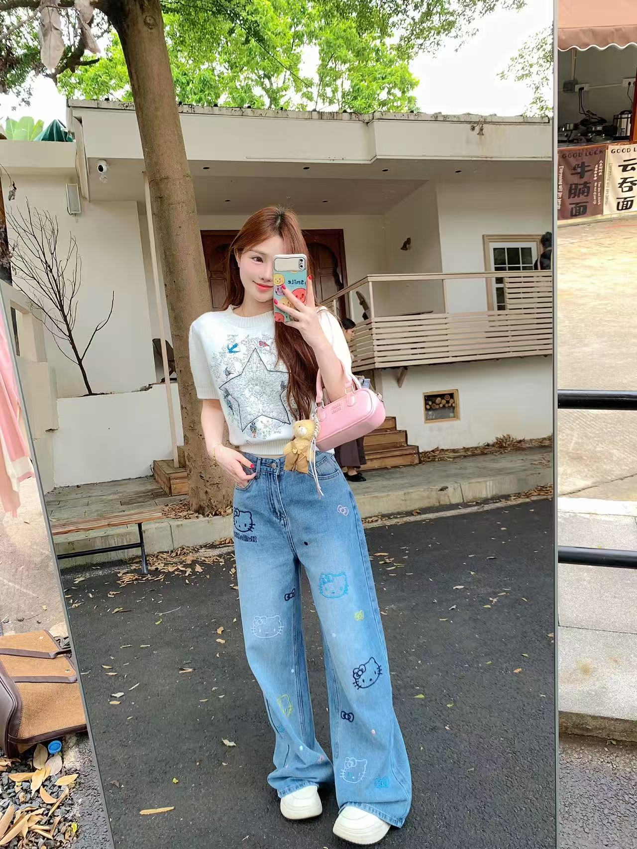 鐘菲菲韓系氛圍感早秋穿搭2026新款毛衣女短袖泡泡袖刺繡上衣羊毛