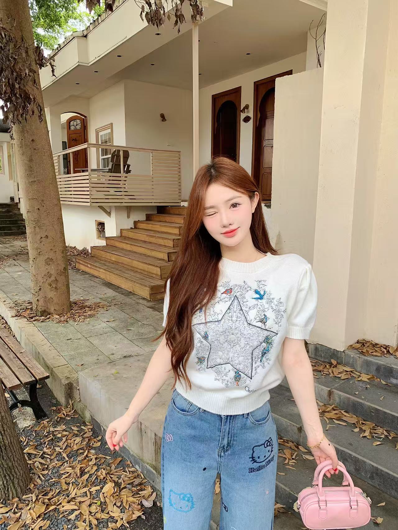 鐘菲菲韓系氛圍感早秋穿搭2026新款毛衣女短袖泡泡袖刺繡上衣羊毛