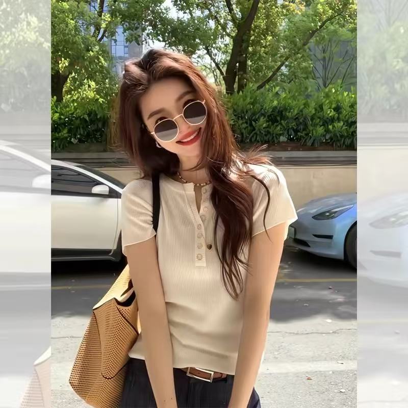 正肩白色亞麻冰絲半開領短袖t恤女夏季短款設計感小眾針織衫上衣