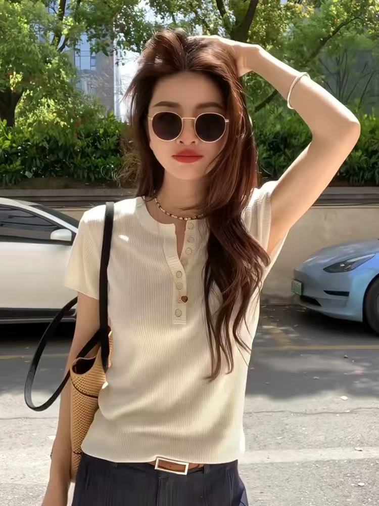 正肩白色亞麻冰絲半開領短袖t恤女夏季短款設計感小眾針織衫上衣