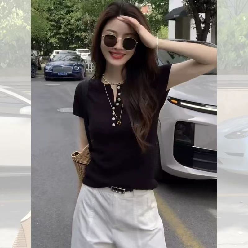 正肩白色亞麻冰絲半開領短袖t恤女夏季短款設計感小眾針織衫上衣