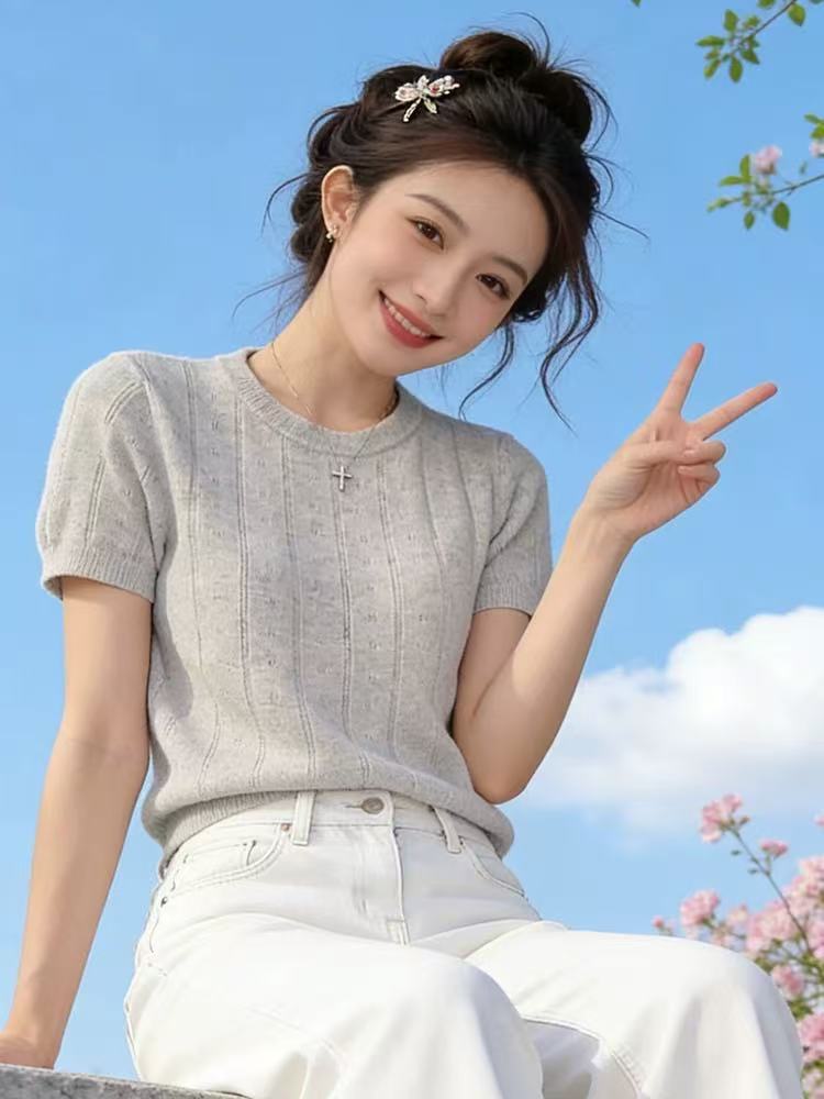 透氣休閑短袖女夏季圓領通勤2026年新款百搭針織款高級感氣質上衣