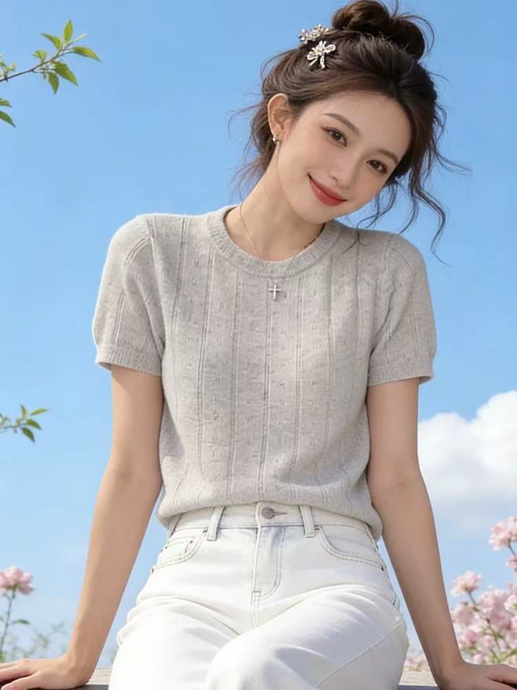 透氣休閑短袖女夏季圓領通勤2026年新款百搭針織款高級感氣質上衣