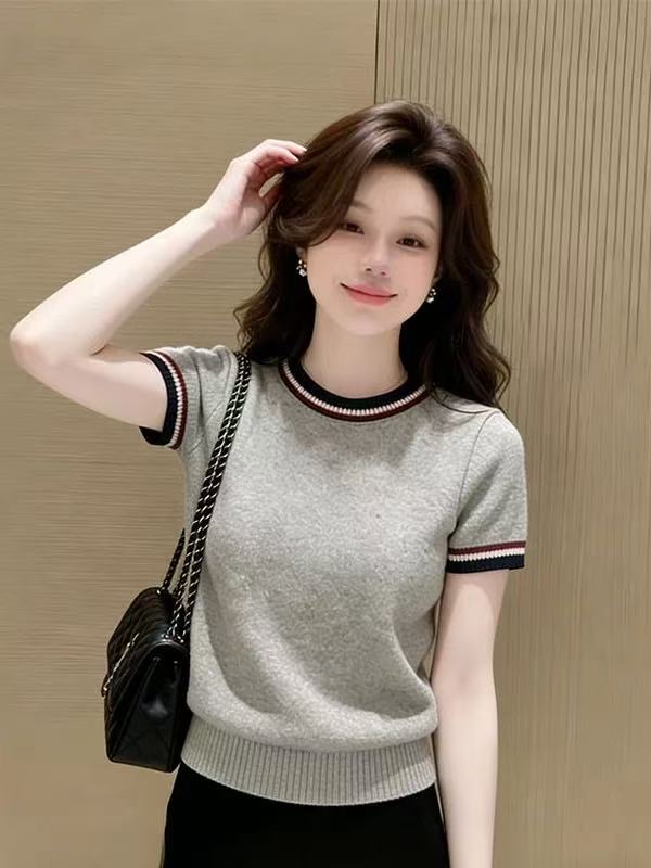 韓系慵懶撞色圓領短袖針織衫女春季新款設計感別致通勤絕美上衣潮