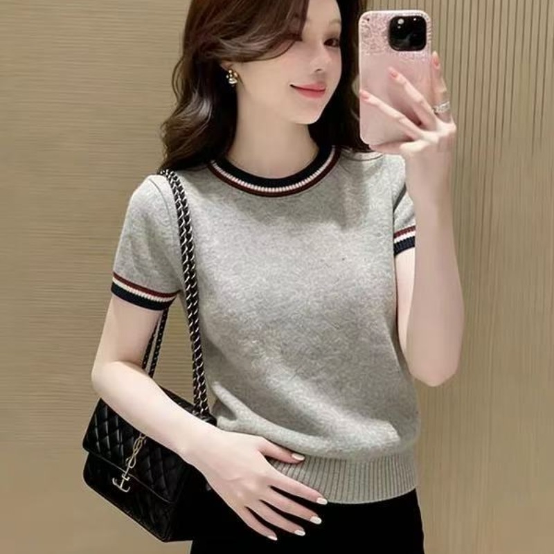 韓系慵懶撞色圓領短袖針織衫女春季新款設計感別致通勤絕美上衣潮