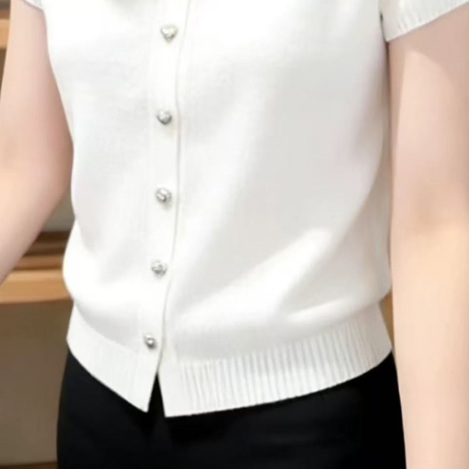 休閑絕美白色小馬刺繡圓領短袖針織開衫女夏季新款超好看百搭上衣