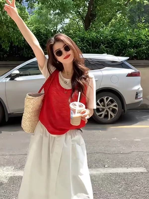2026超火ootd多巴胺穿搭一整套紅色針織背心疊穿短袖上衣兩件套裝