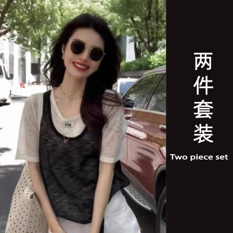 2026超火ootd多巴胺穿搭一整套紅色針織背心疊穿短袖上衣兩件套裝