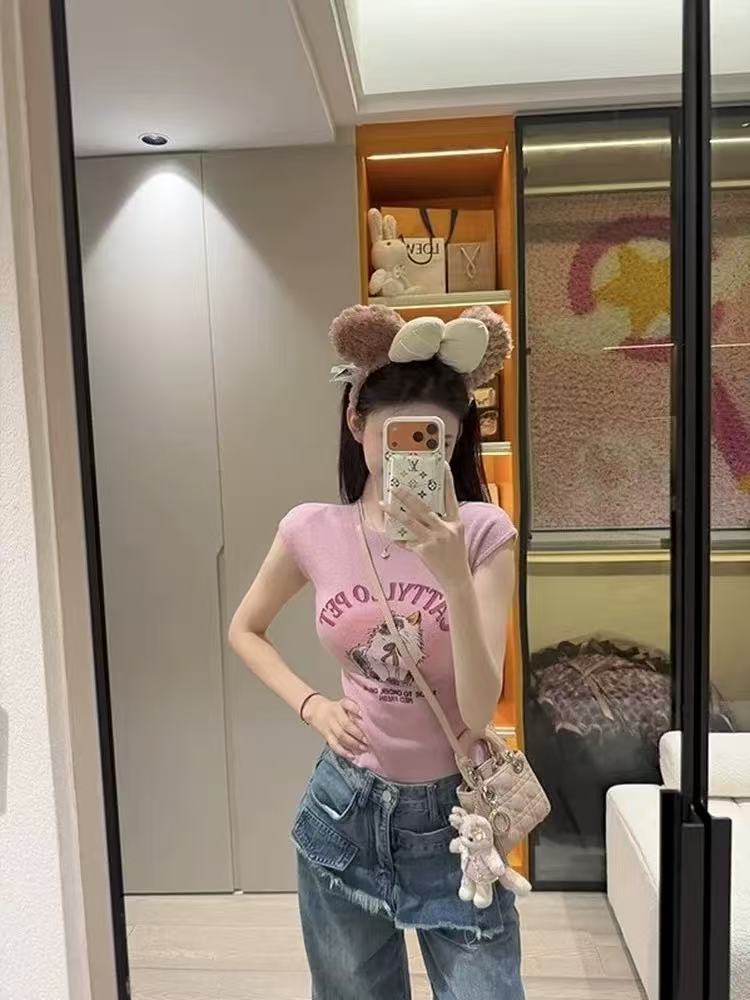 多色甜美趣味印花修身針織短袖T恤女夏季修身顯瘦辣妹風短款上衣