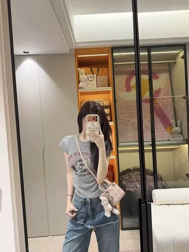 多色甜美趣味印花修身針織短袖T恤女夏季修身顯瘦辣妹風短款上衣