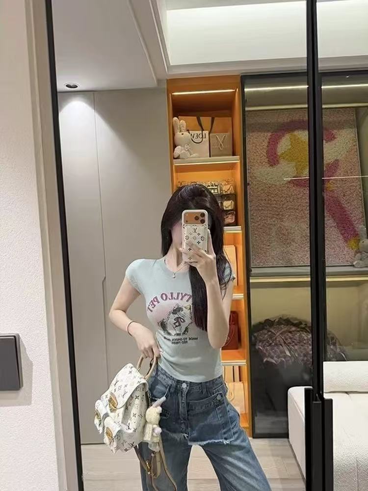 多色甜美趣味印花修身針織短袖T恤女夏季修身顯瘦辣妹風短款上衣