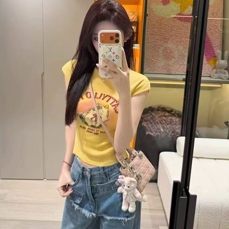 多色甜美趣味印花修身針織短袖T恤女夏季修身顯瘦辣妹風短款上衣