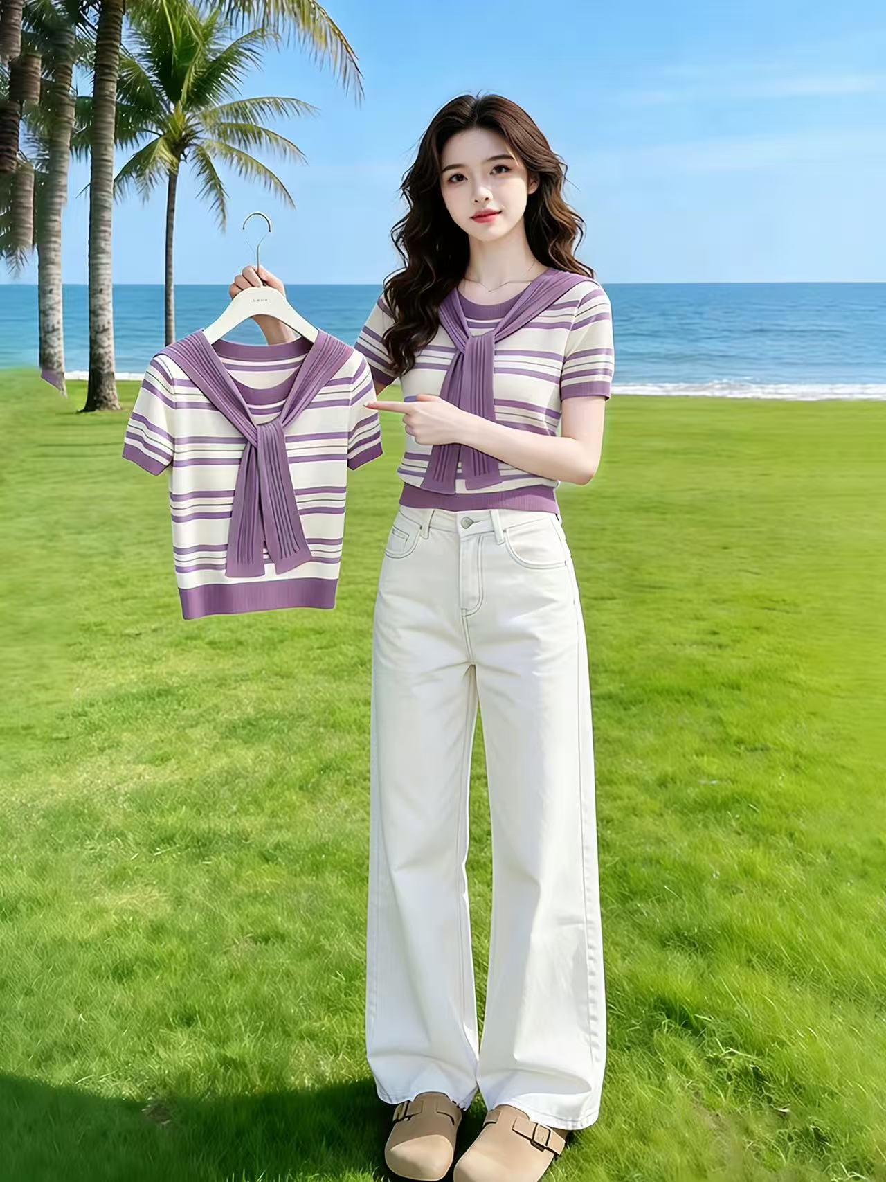 紫色圓領披肩拼接條紋針織衫女2026年夏季時髦氣質短款百搭小上衣