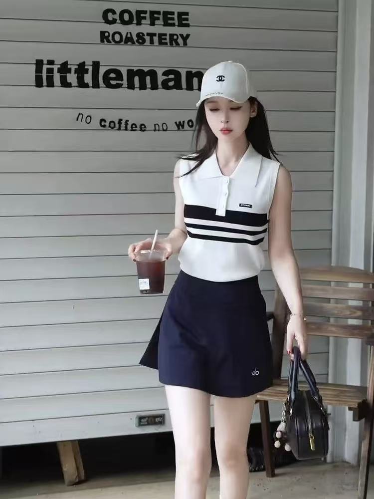 法式撞色條紋POLO領無袖針織背心女2026夏季修身顯瘦百搭通勤上衣
