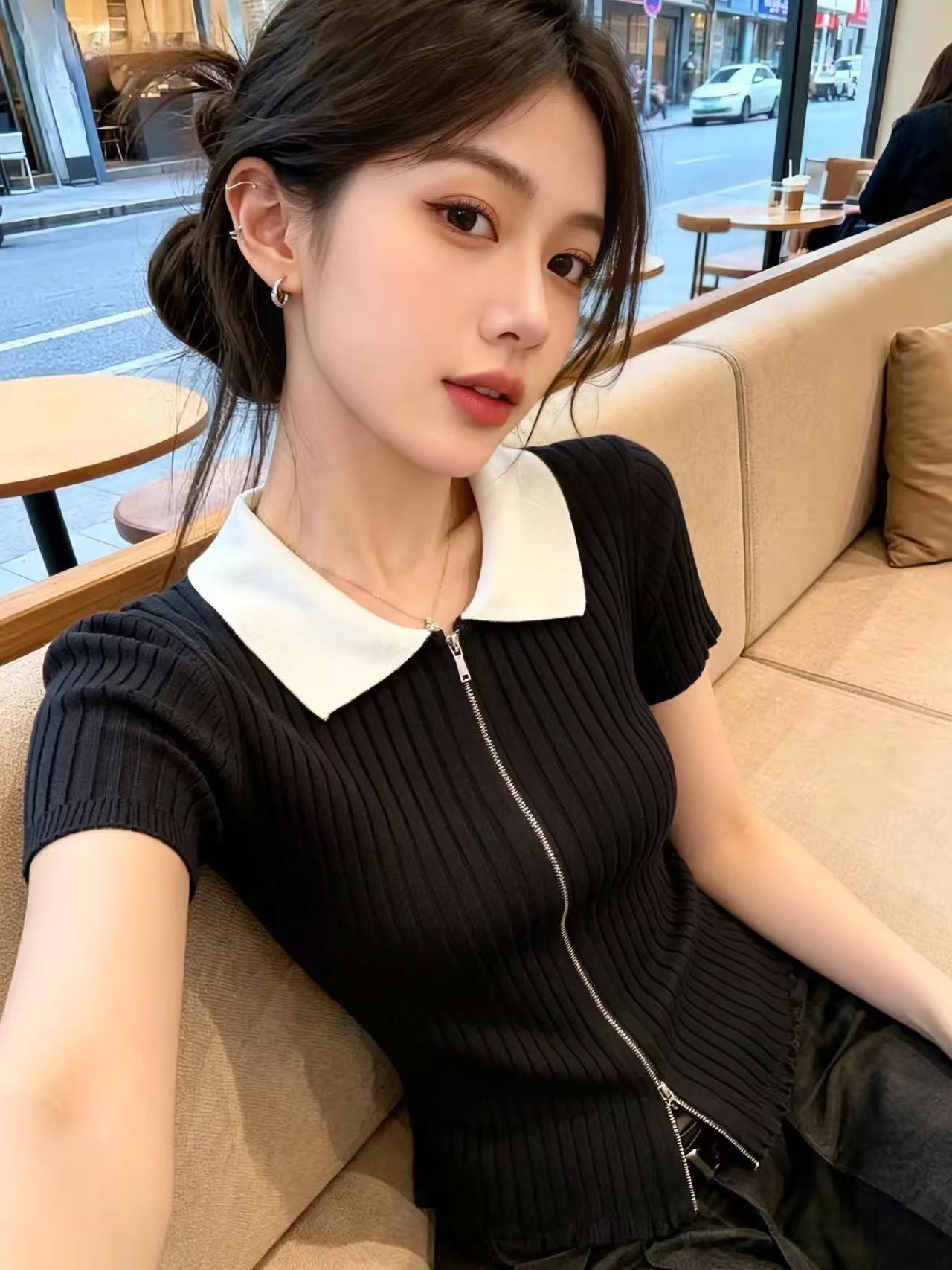 自留款推薦~撞色雙拉鏈翻領短袖針織開衫女夏季新款氣質百搭上衣