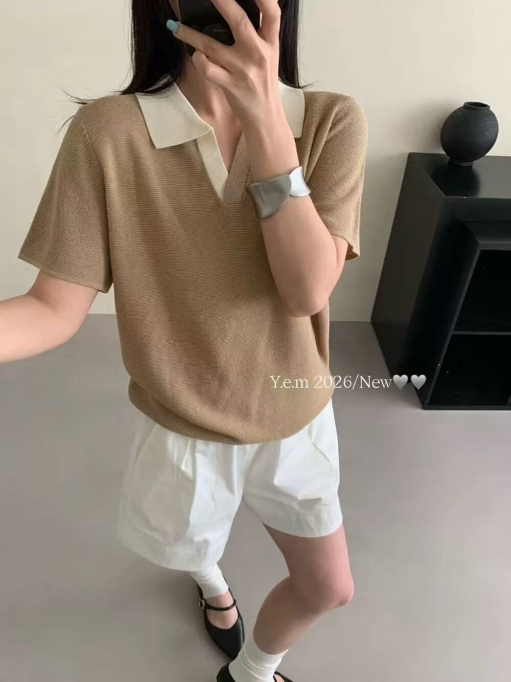 2026新款撞色POLO領短袖針織衫女夏季休閑寬松百搭顯瘦慵懶風上衣