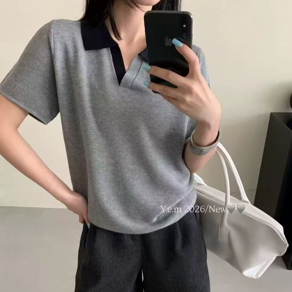 2026新款撞色POLO領短袖針織衫女夏季休閑寬松百搭顯瘦慵懶風上衣