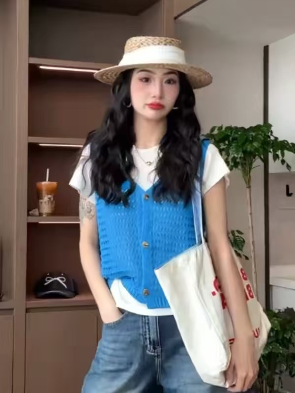 薄款冰絲單排扣針織馬甲背心女夏季新款設計感獨特超好看鏤空外套
