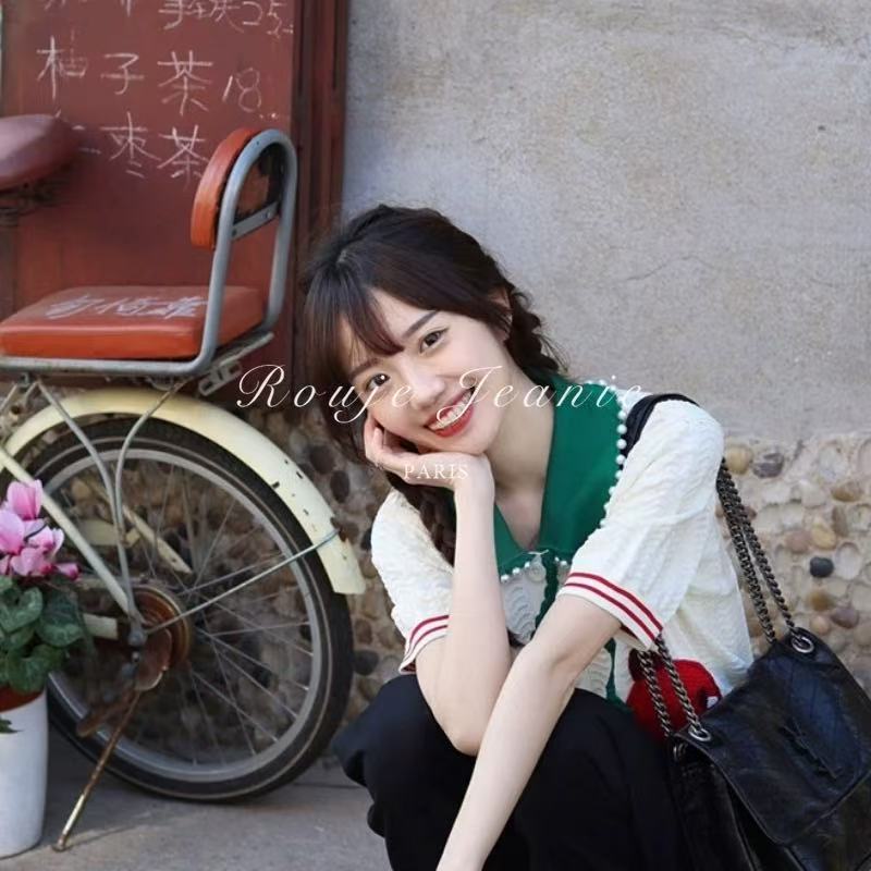 Rouje Jeanie法式櫻桃惡魔珍珠polo領短袖針織衫女夏寬松拼色上衣
