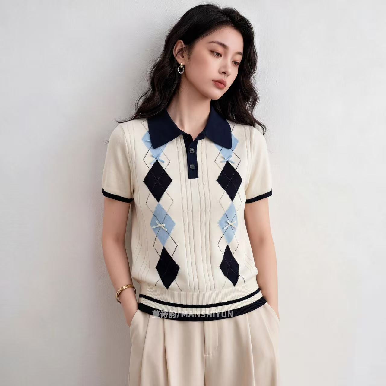 2026夏季新款時尚潮流POLO衫撞色菱格紋短袖針織衫女翻領休閑上衣