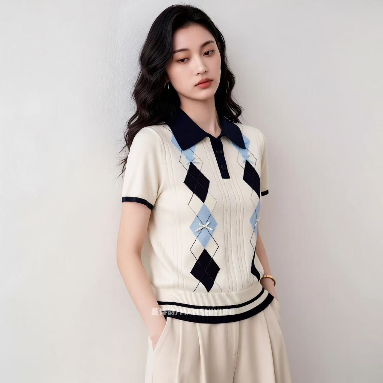 2026夏季新款時尚潮流POLO衫撞色菱格紋短袖針織衫女翻領休閑上衣
