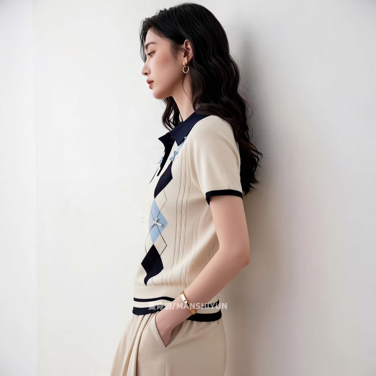 2026夏季新款時尚潮流POLO衫撞色菱格紋短袖針織衫女翻領休閑上衣