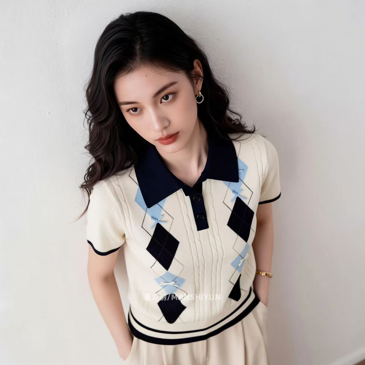 2026夏季新款時尚潮流POLO衫撞色菱格紋短袖針織衫女翻領休閑上衣