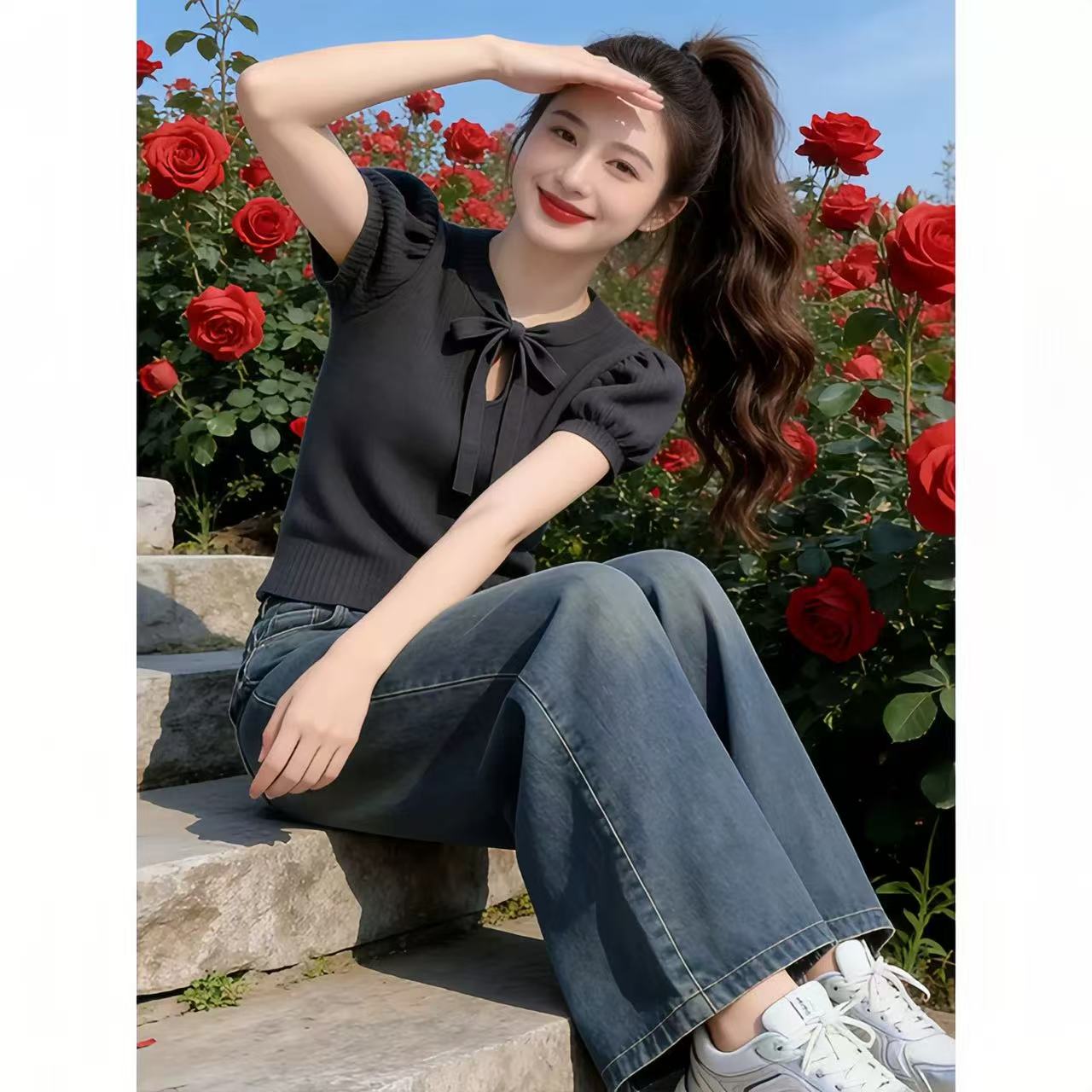 韓系黑色蝴蝶結短袖針織衫女夏季新款套頭圓領洋氣減齡顯瘦薄上衣
