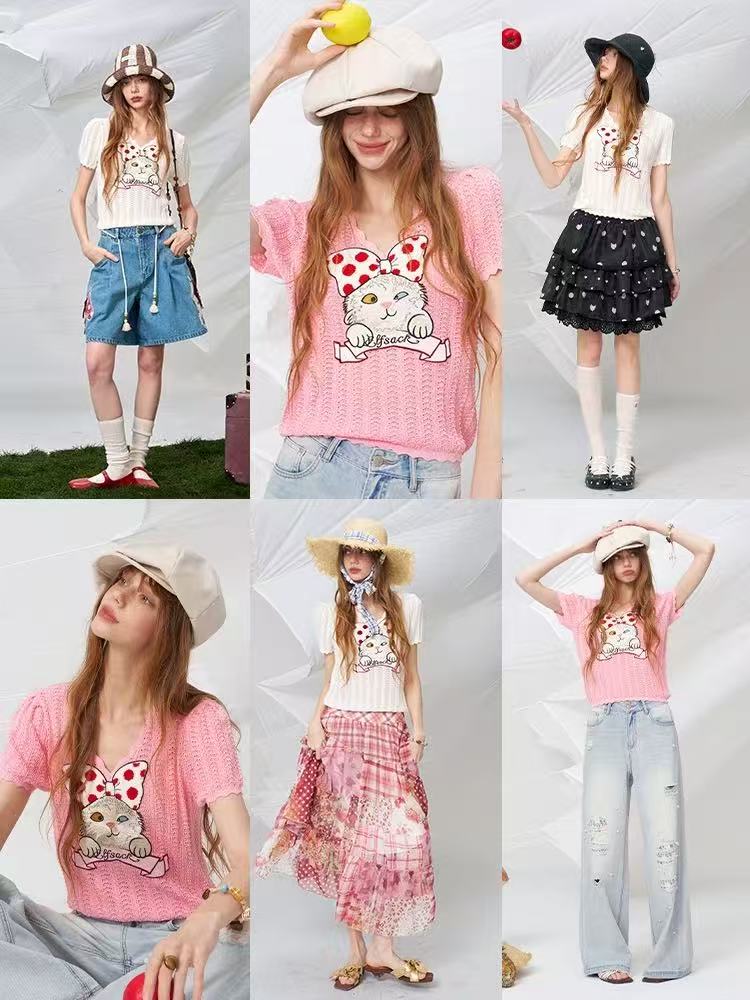妖精的口袋一喵定情貓咪刺繡v領短袖針織衫女夏顯瘦上衣
