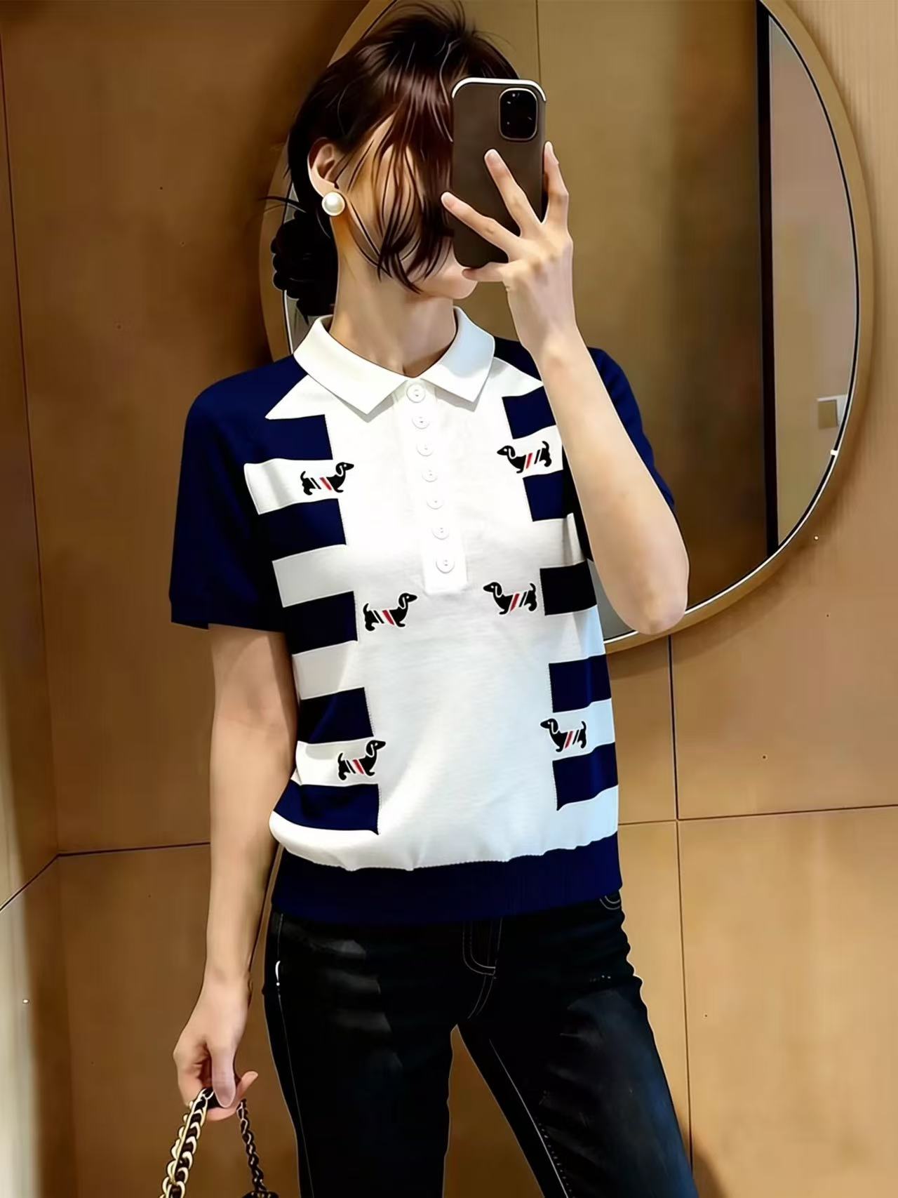 歐貨藍色時尚撞色翻領短袖2026年夏季新款時尚個性大碼上衣女