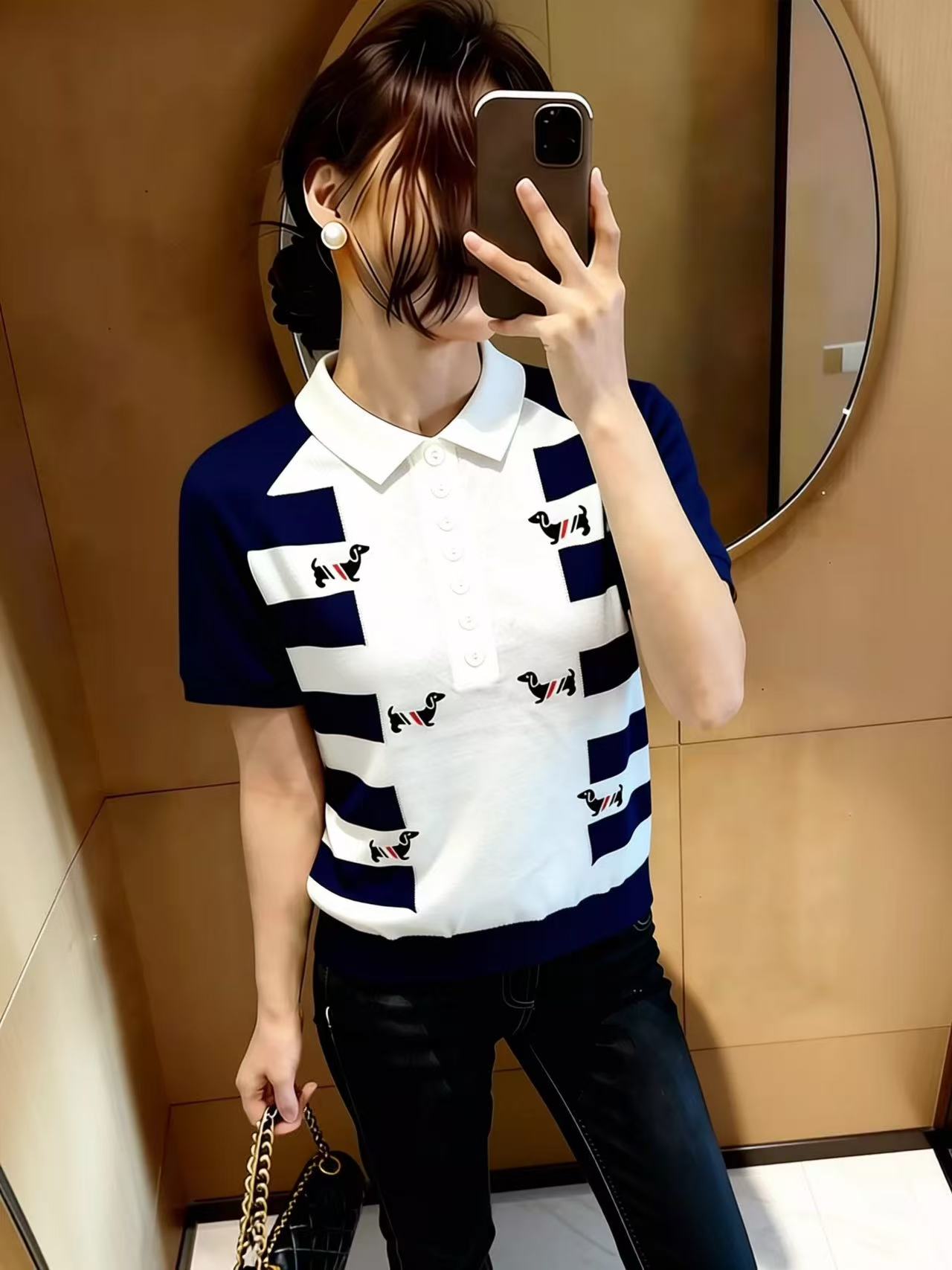 歐貨藍色時尚撞色翻領短袖2026年夏季新款時尚個性大碼上衣女