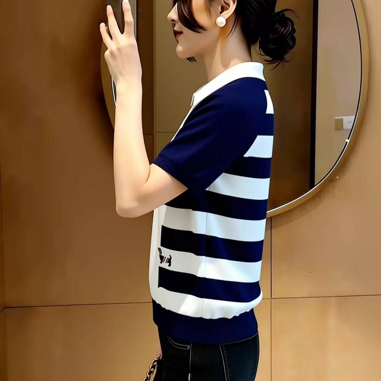 歐貨藍色時尚撞色翻領短袖2026年夏季新款時尚個性大碼上衣女
