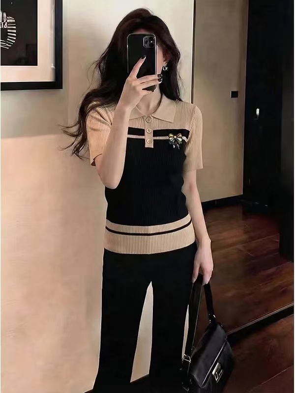 初夏獨特絕美一整套顯瘦百搭氣質小香風條紋POLO領上衣