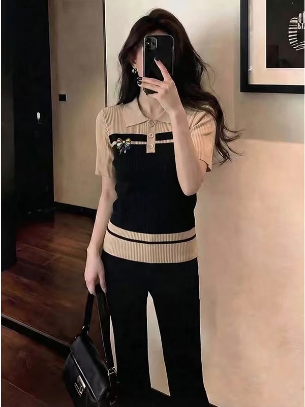 初夏獨特絕美一整套顯瘦百搭氣質小香風條紋POLO領上衣