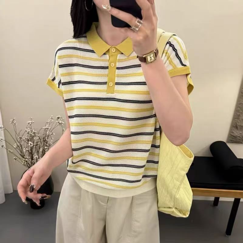 時尚感！拼色條紋POLO領冰絲針織短袖女薄款T恤天絲半袖打底上衣