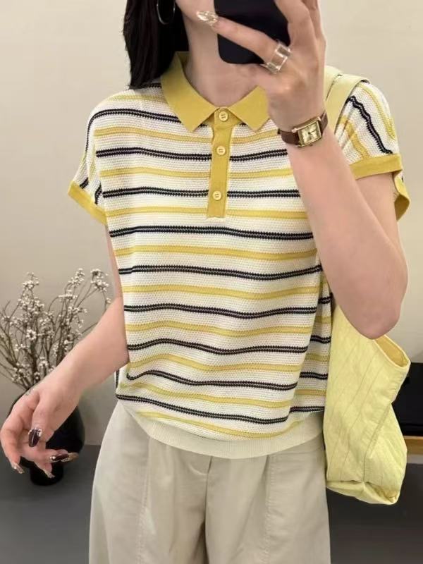 時尚感！拼色條紋POLO領冰絲針織短袖女薄款T恤天絲半袖打底上衣