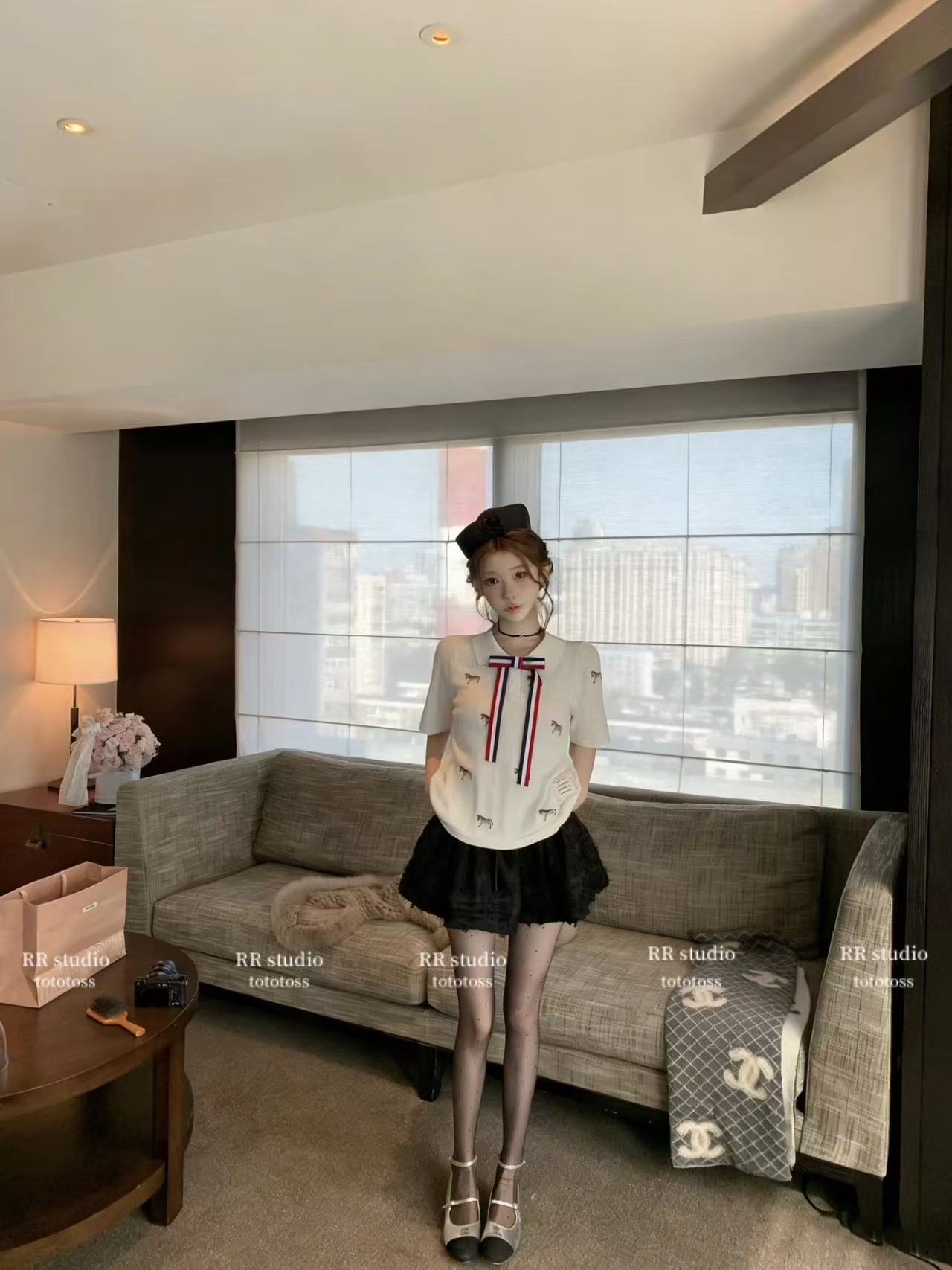 首爾新款！韓系學院風大蝴蝶結POLO領短袖女高針小馬刺繡短款T恤