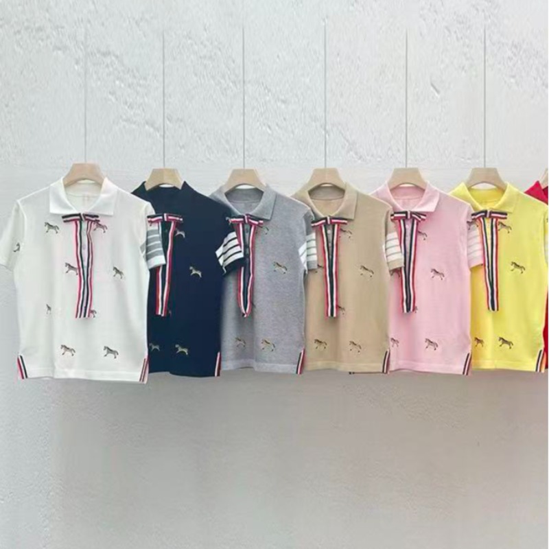 首爾新款！韓系學院風大蝴蝶結POLO領短袖女高針小馬刺繡短款T恤