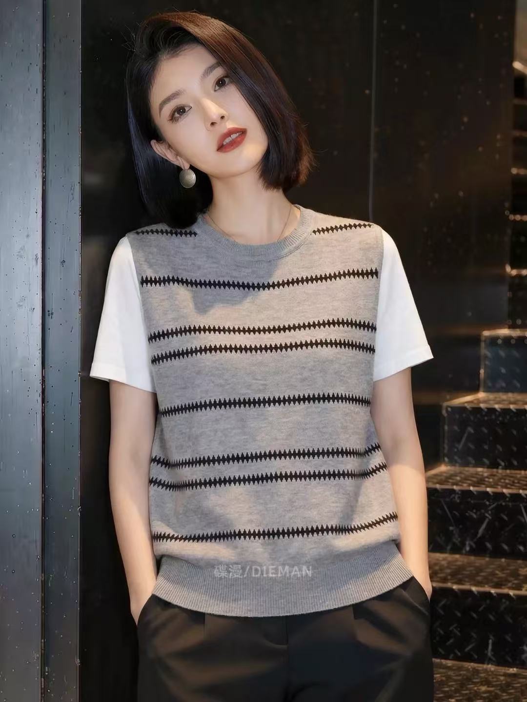 2026夏季新款通勤風撞色條紋假兩件短袖針織衫女大碼寬松休閑上衣