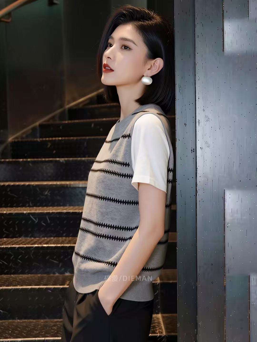 2026夏季新款通勤風撞色條紋假兩件短袖針織衫女大碼寬松休閑上衣