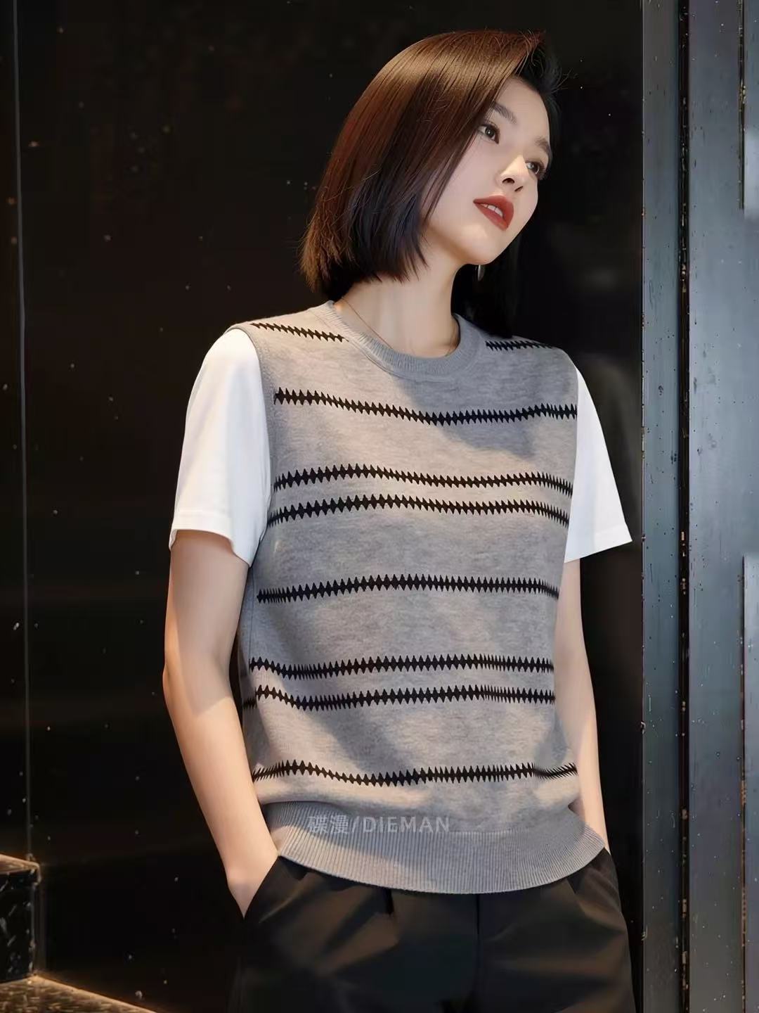 2026夏季新款通勤風撞色條紋假兩件短袖針織衫女大碼寬松休閑上衣