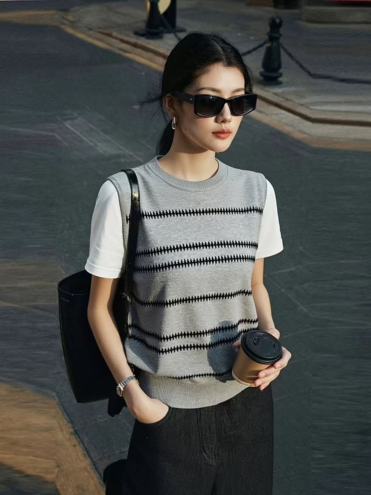 韓系灰色條紋假兩件短袖T恤女2026夏季新款慵懶風寬松休閑上衣潮