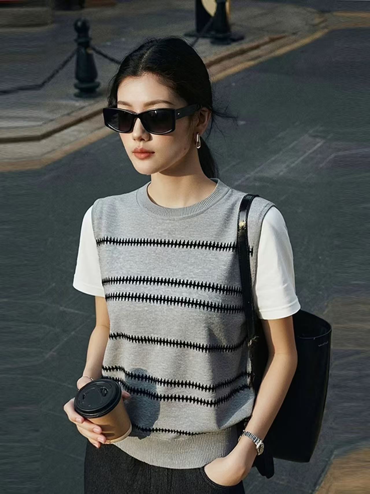 韓系灰色條紋假兩件短袖T恤女2026夏季新款慵懶風寬松休閑上衣潮