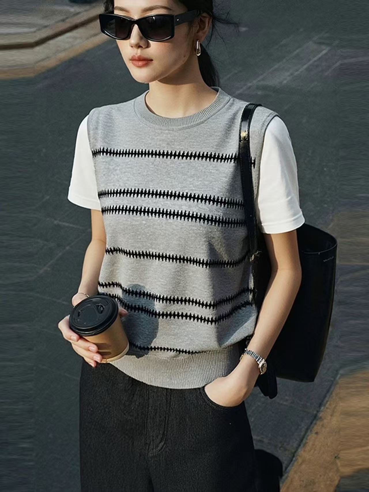 韓系灰色條紋假兩件短袖T恤女2026夏季新款慵懶風寬松休閑上衣潮