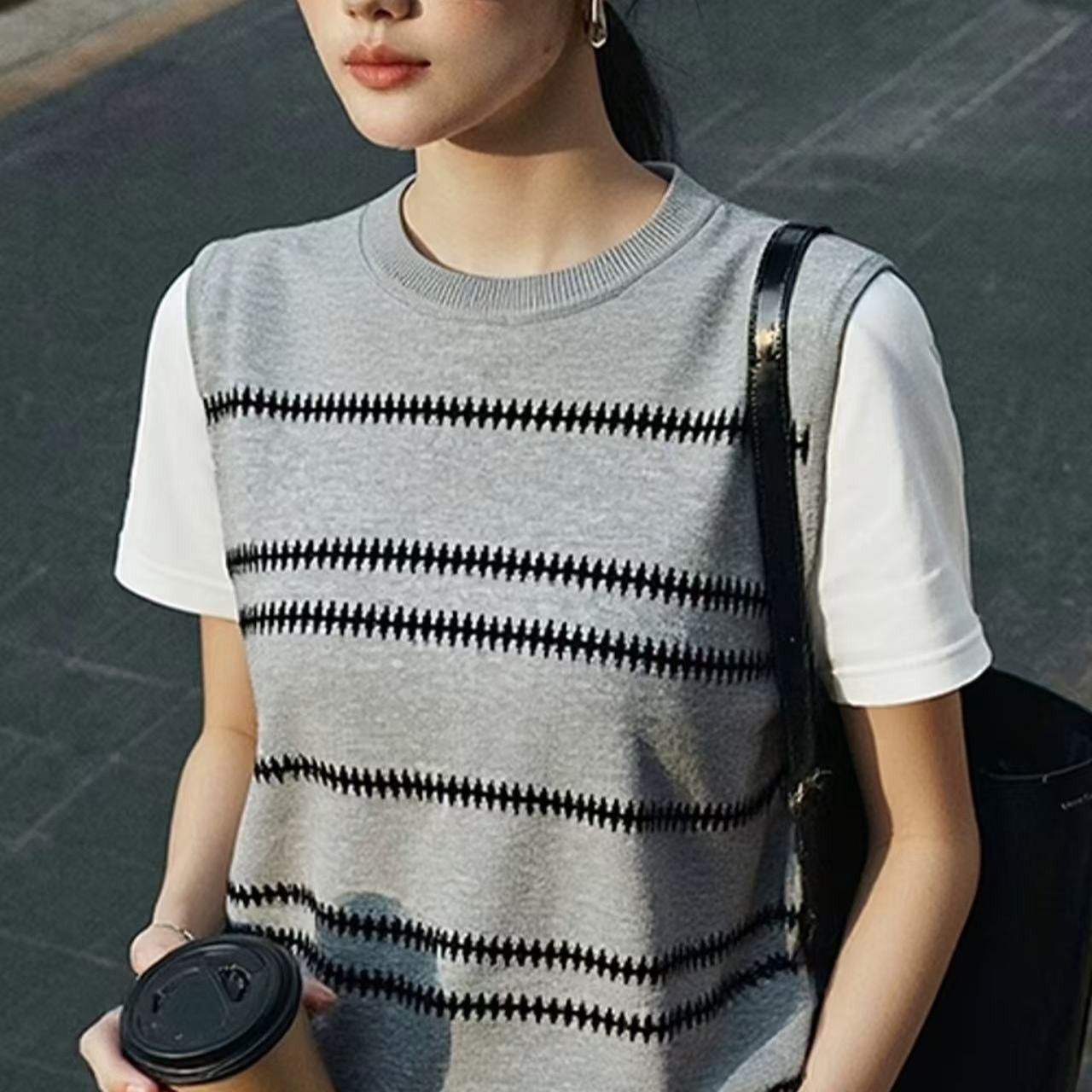 韓系灰色條紋假兩件短袖T恤女2026夏季新款慵懶風寬松休閑上衣潮