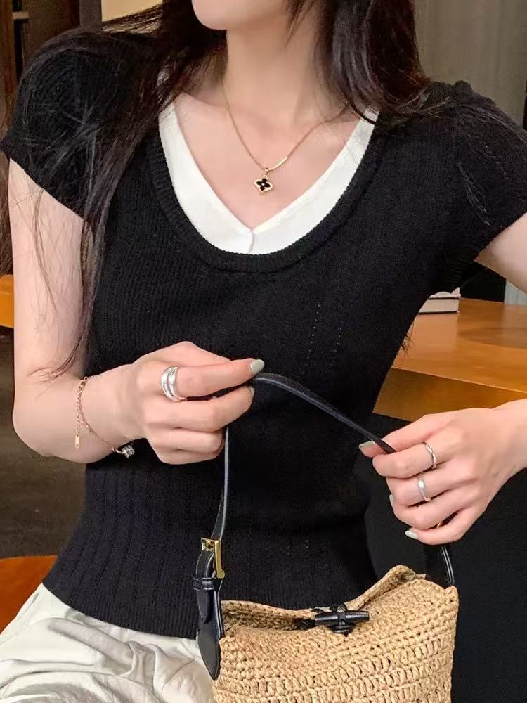 氣質百搭V領撞色拼接短袖針織衫女假兩件設計感小眾短款外穿上衣