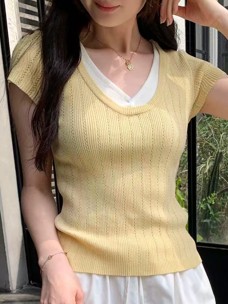 氣質百搭V領撞色拼接短袖針織衫女假兩件設計感小眾短款外穿上衣
